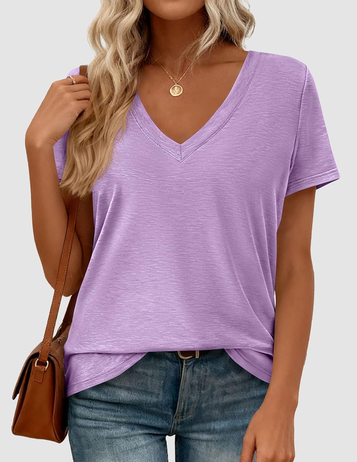 imagePRETTYGARDEN Womens Tops Short Sleeve Oversized Tshirts Shirts 2026 Summer Casual V Neck Loose Basic Tees Spring Tunic BlousePurple