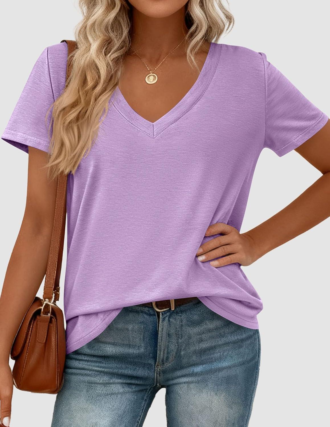 imagePRETTYGARDEN Womens Tops Short Sleeve Oversized Tshirts Shirts 2026 Summer Casual V Neck Loose Basic Tees Spring Tunic BlousePurple