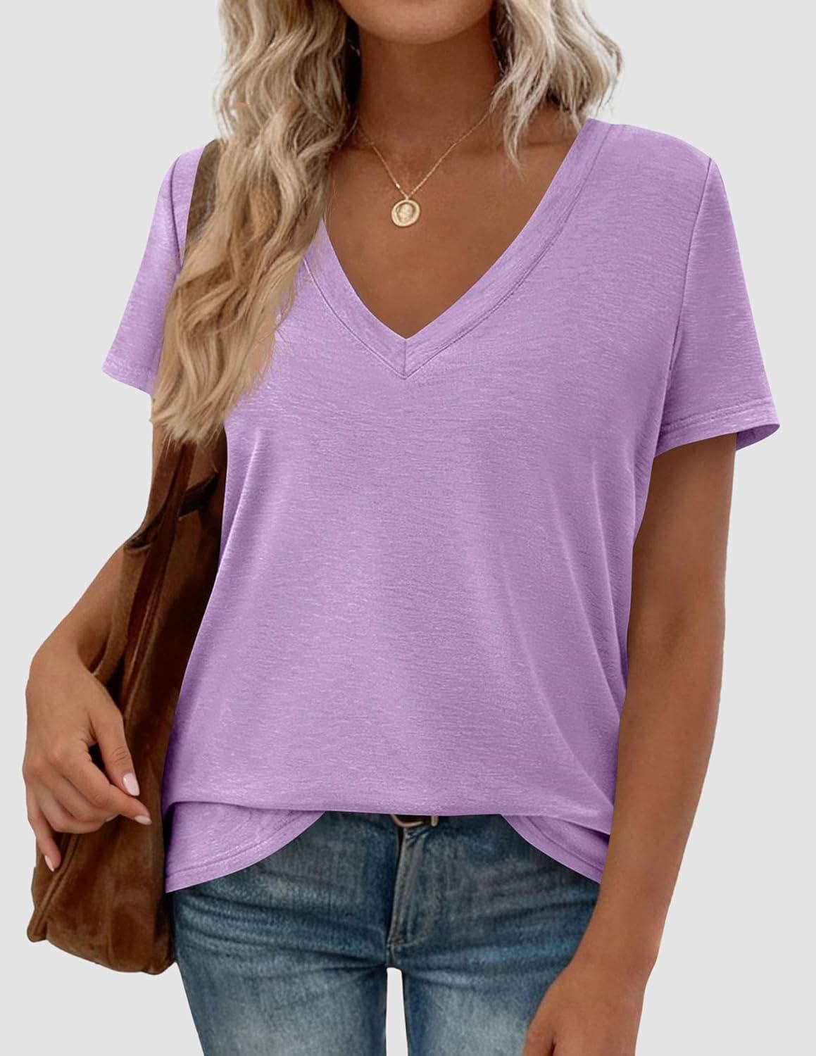 imagePRETTYGARDEN Womens Tops Short Sleeve Oversized Tshirts Shirts 2026 Summer Casual V Neck Loose Basic Tees Spring Tunic BlousePurple