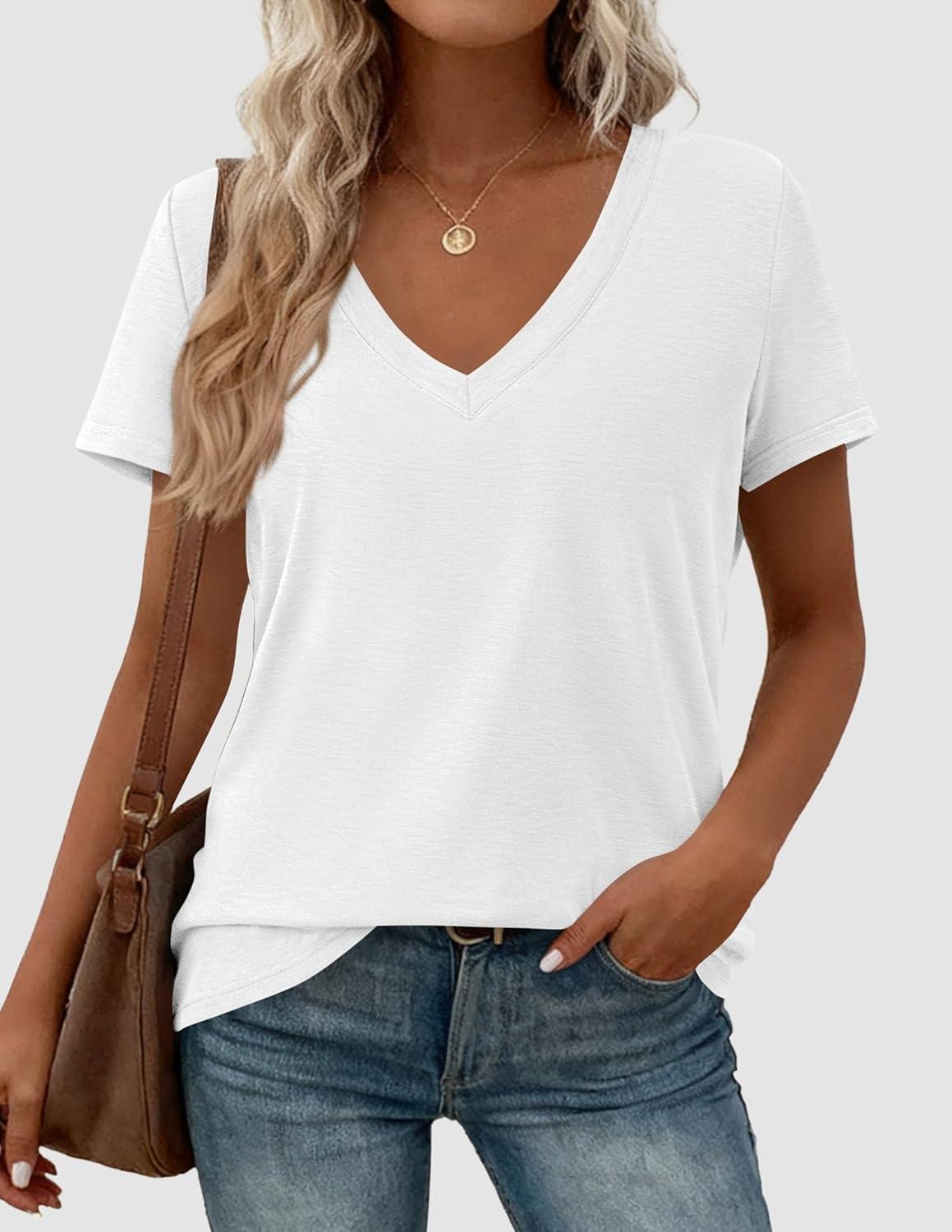 imagePRETTYGARDEN Womens Tops Short Sleeve Oversized Tshirts Shirts 2026 Summer Casual V Neck Loose Basic Tees Spring Tunic BlouseWhite