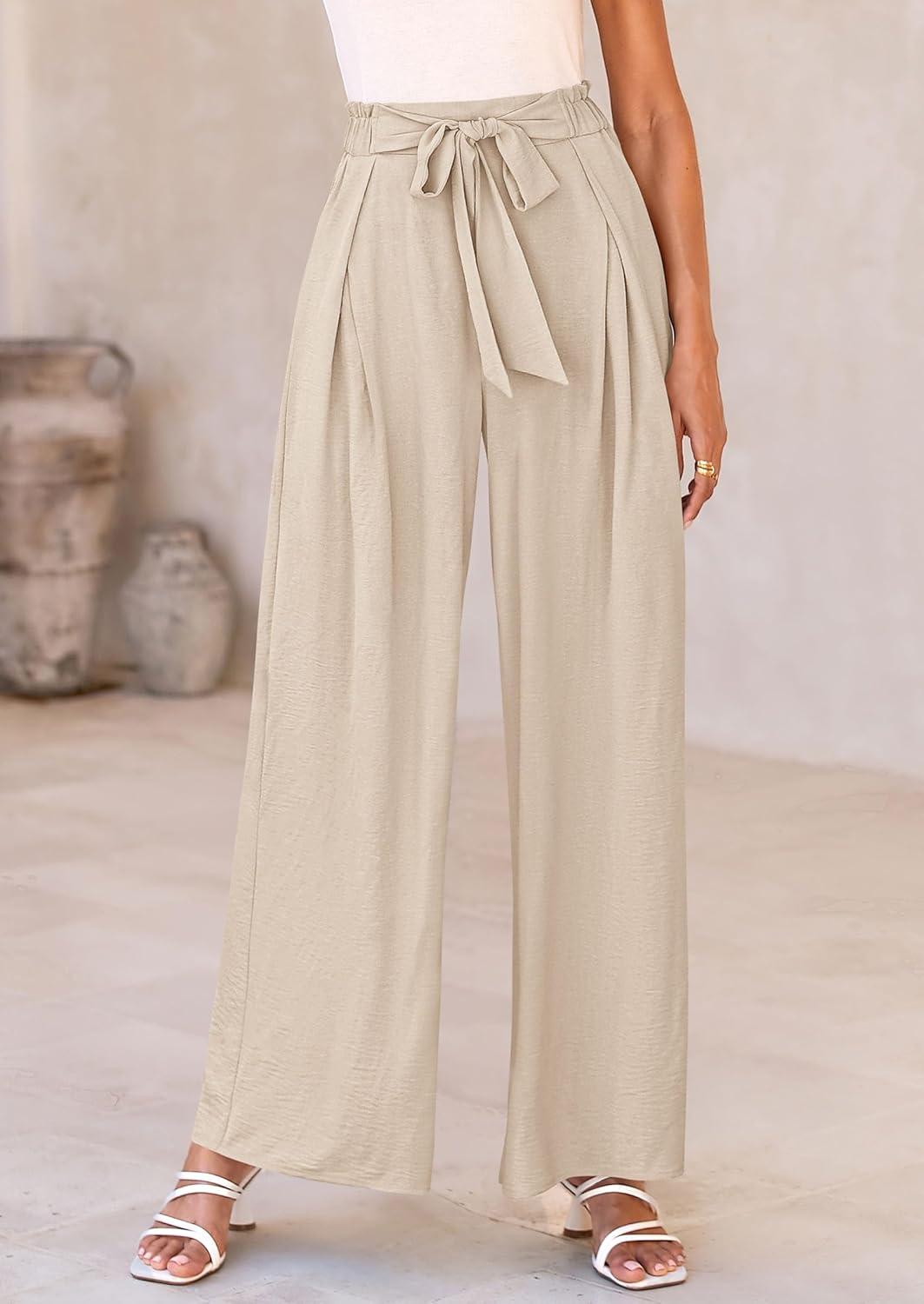 imagePRETTYGARDEN Womens Wide Leg Work Pants Business Casual High Waisted Loose Palazzo Trouser Summer ClothesBeige