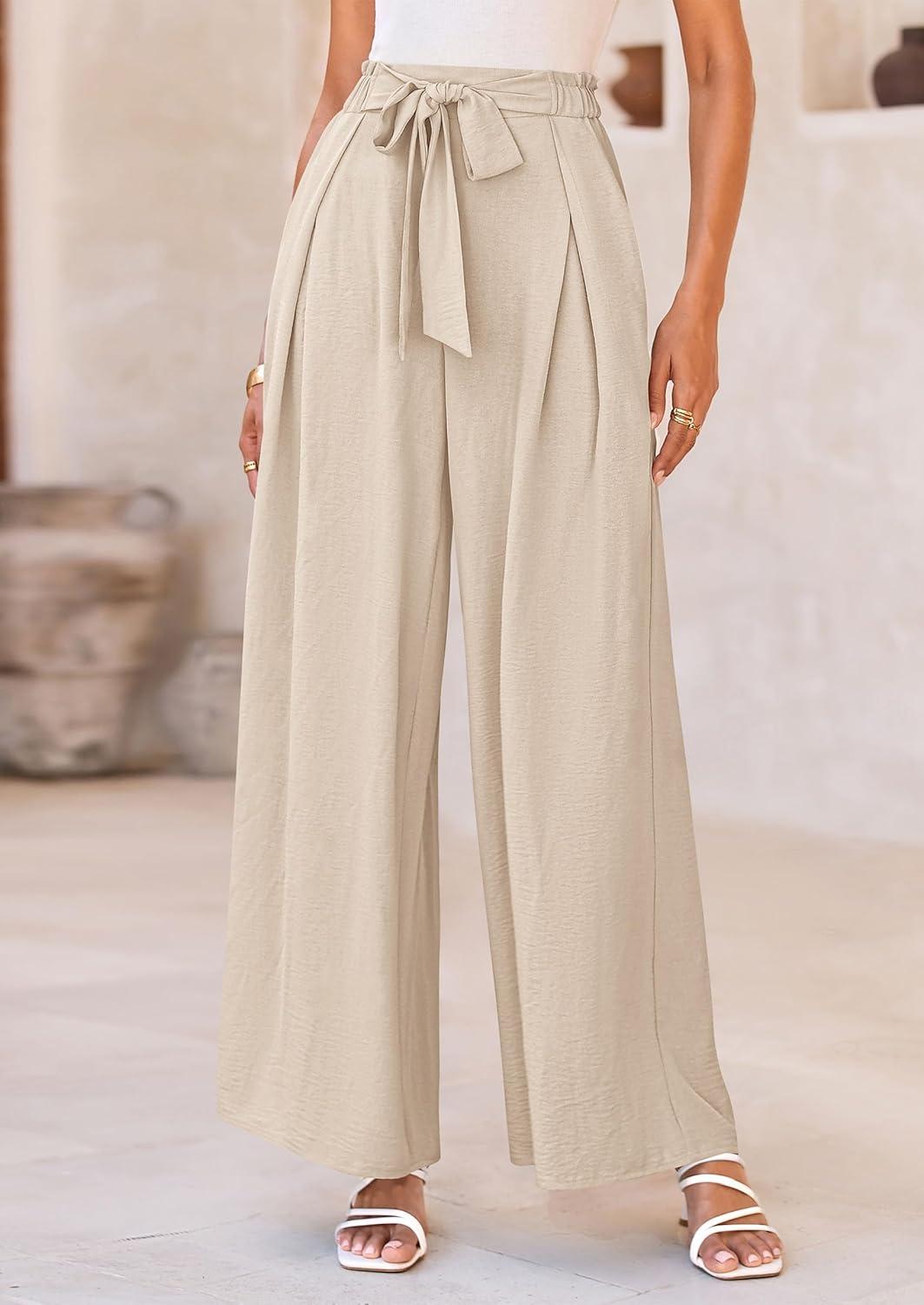 imagePRETTYGARDEN Womens Wide Leg Work Pants Business Casual High Waisted Loose Palazzo Trouser Summer ClothesBeige