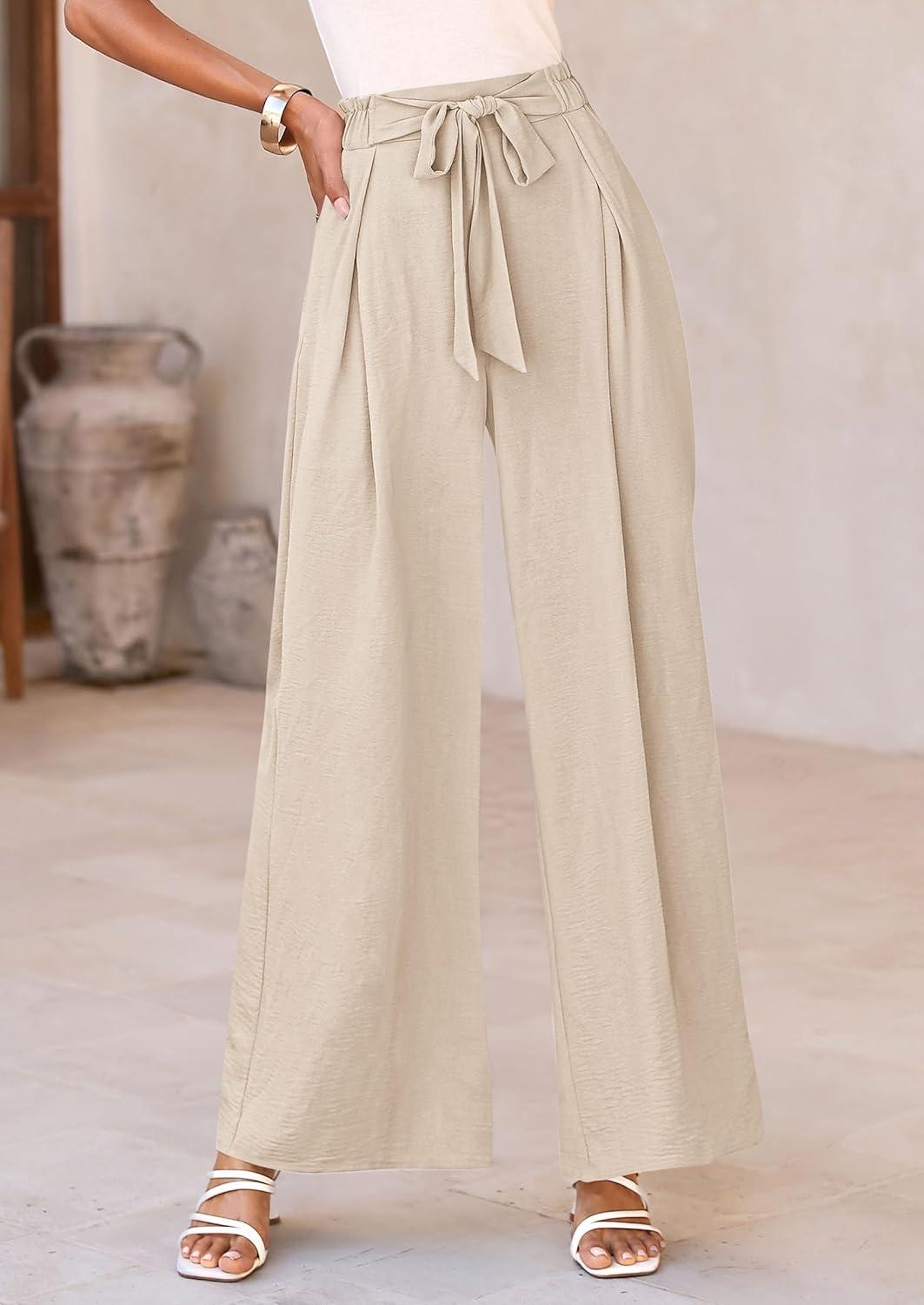 imagePRETTYGARDEN Womens Wide Leg Work Pants Business Casual High Waisted Loose Palazzo Trouser Summer ClothesBeige