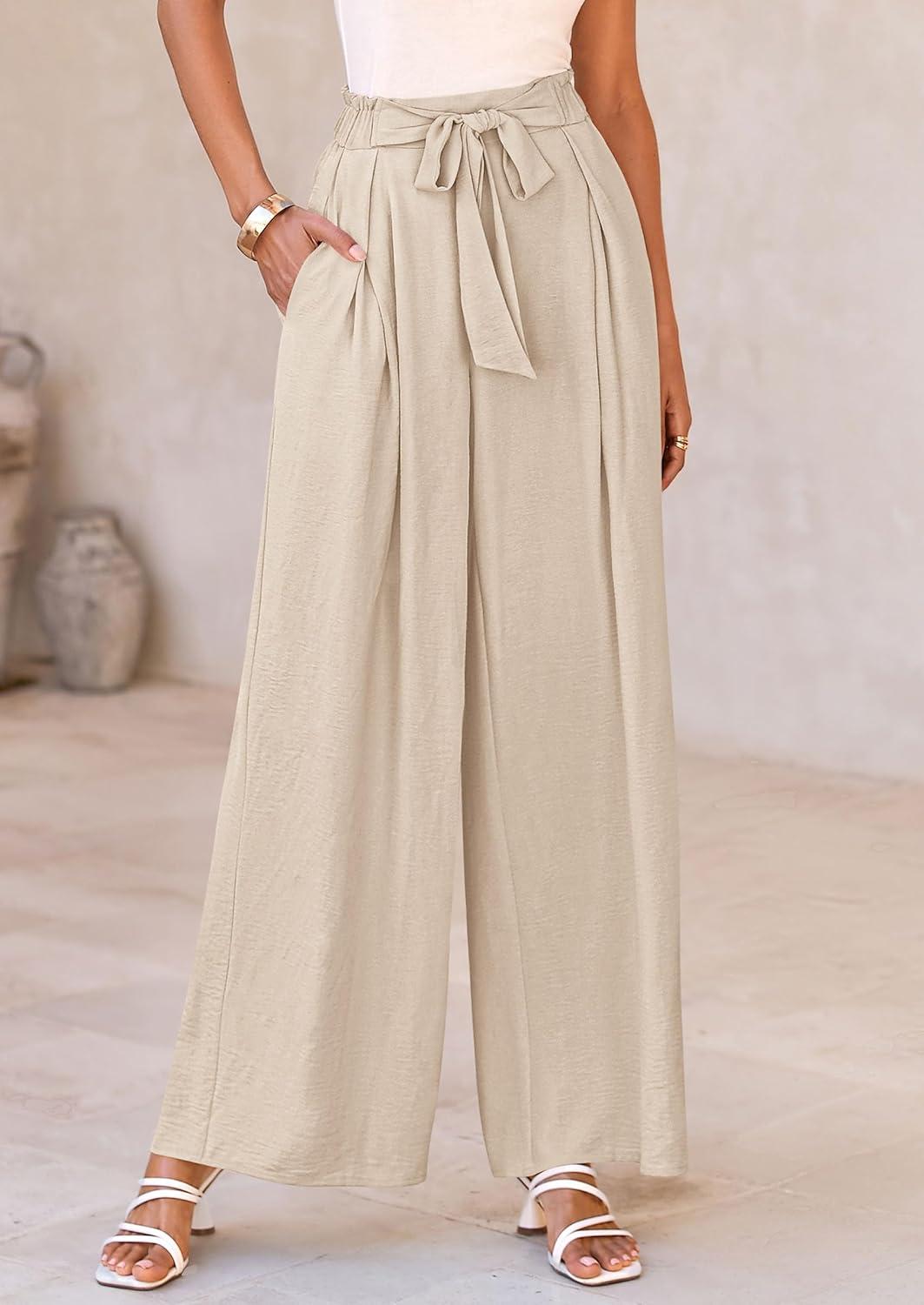 imagePRETTYGARDEN Womens Wide Leg Work Pants Business Casual High Waisted Loose Palazzo Trouser Summer ClothesBeige