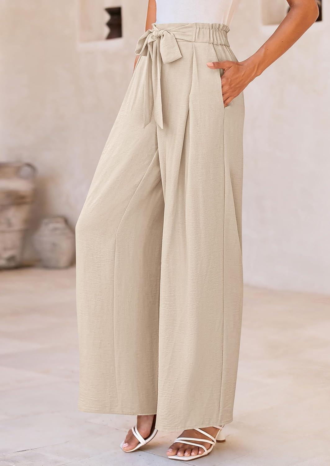 imagePRETTYGARDEN Womens Wide Leg Work Pants Business Casual High Waisted Loose Palazzo Trouser Summer ClothesBeige