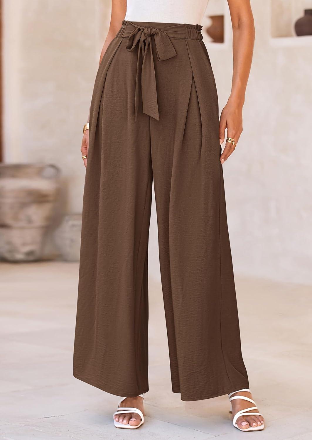 imagePRETTYGARDEN Womens Wide Leg Work Pants Business Casual High Waisted Loose Palazzo Trouser Summer ClothesBrown