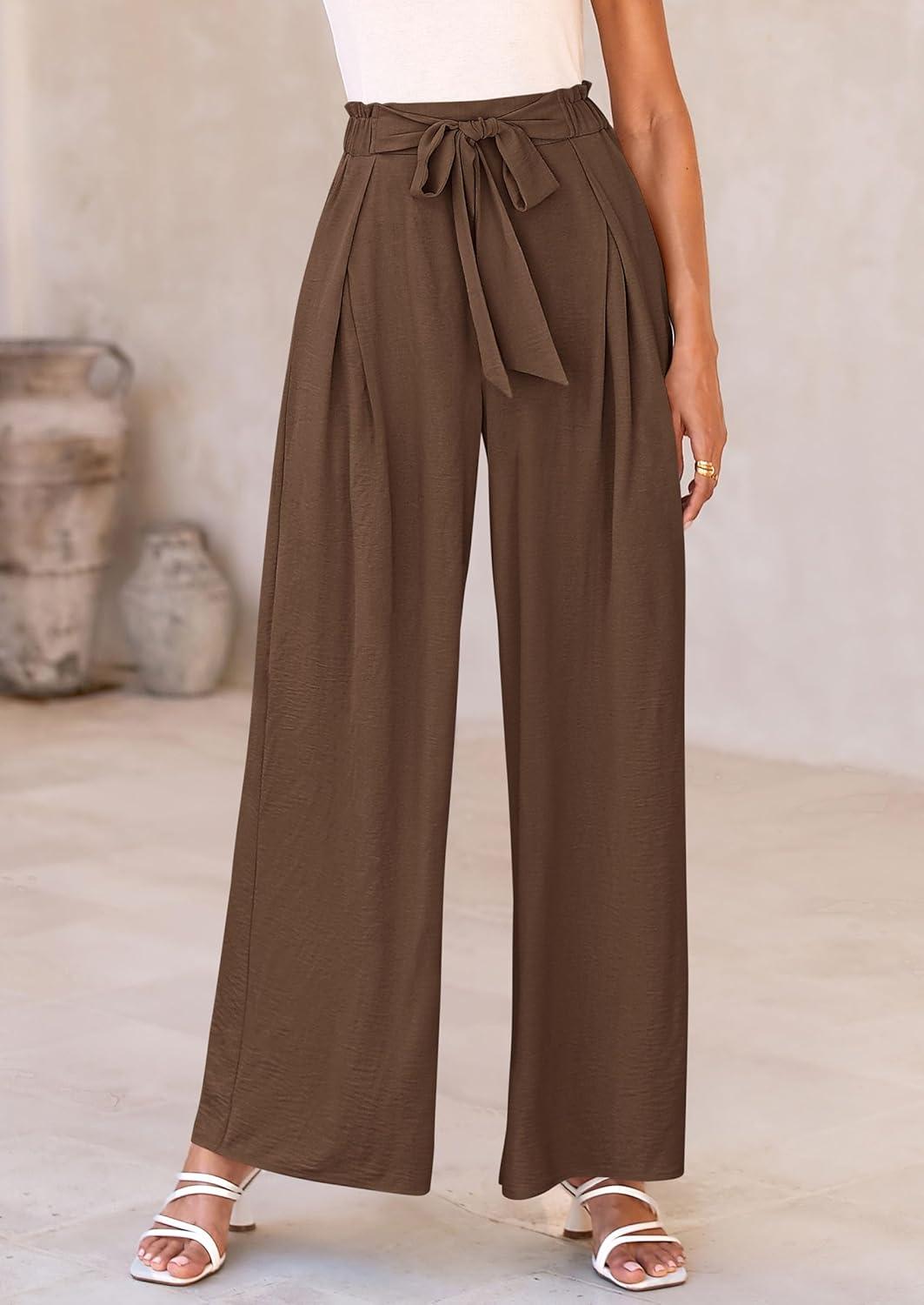 imagePRETTYGARDEN Womens Wide Leg Work Pants Business Casual High Waisted Loose Palazzo Trouser Summer ClothesBrown