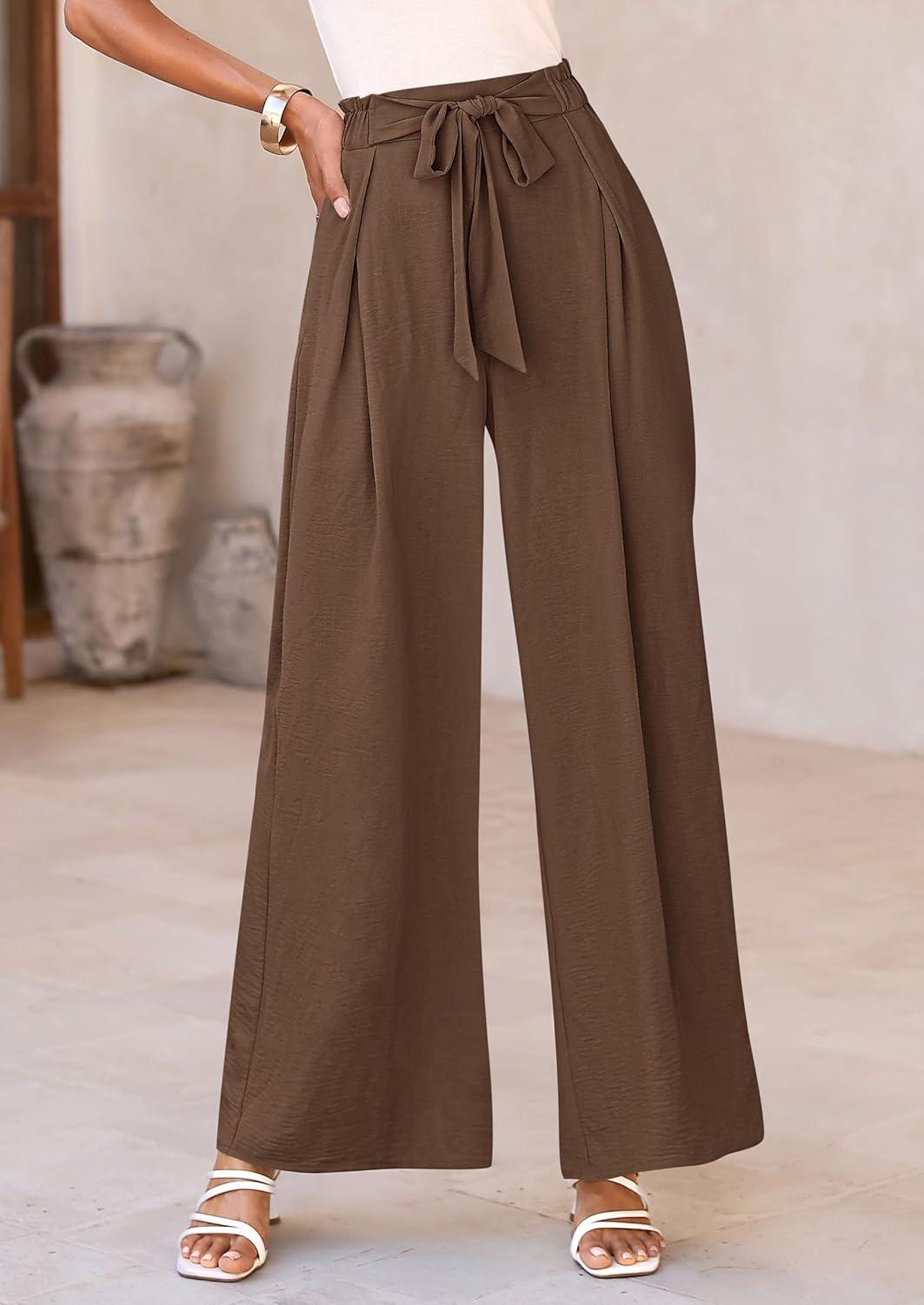 imagePRETTYGARDEN Womens Wide Leg Work Pants Business Casual High Waisted Loose Palazzo Trouser Summer ClothesBrown