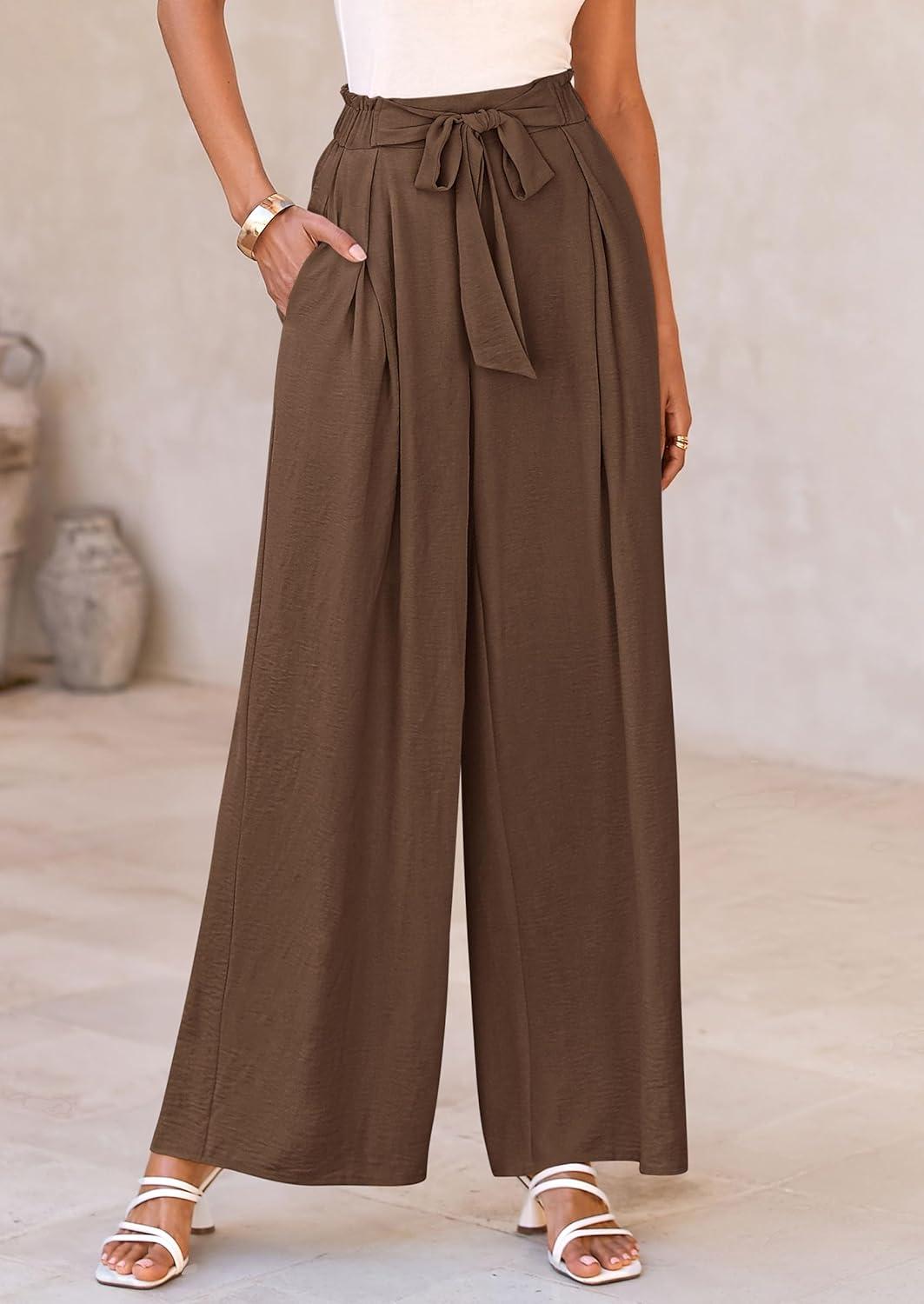imagePRETTYGARDEN Womens Wide Leg Work Pants Business Casual High Waisted Loose Palazzo Trouser Summer ClothesBrown