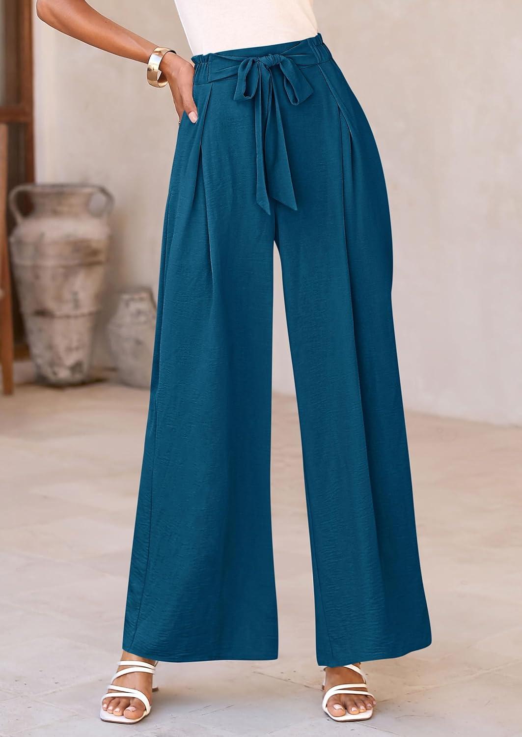 imagePRETTYGARDEN Womens Wide Leg Work Pants Business Casual High Waisted Loose Palazzo Trouser Summer ClothesDark Blue