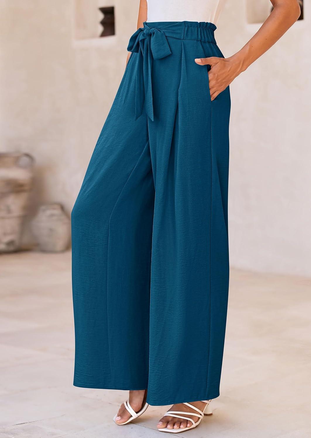 imagePRETTYGARDEN Womens Wide Leg Work Pants Business Casual High Waisted Loose Palazzo Trouser Summer ClothesDark Blue