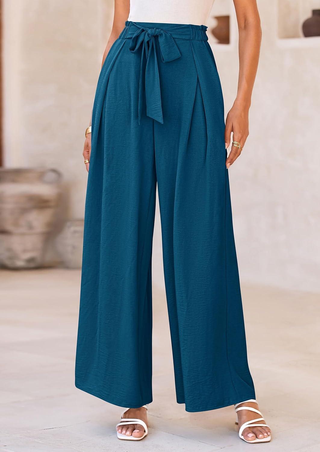 imagePRETTYGARDEN Womens Wide Leg Work Pants Business Casual High Waisted Loose Palazzo Trouser Summer ClothesDark Blue