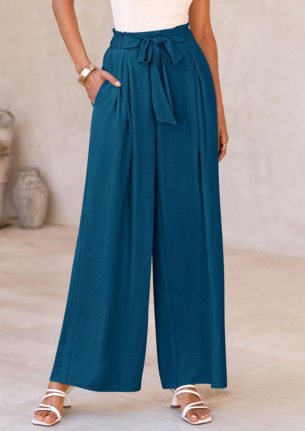 imagePRETTYGARDEN Womens Wide Leg Work Pants Business Casual High Waisted Loose Palazzo Trouser Summer ClothesDark Blue