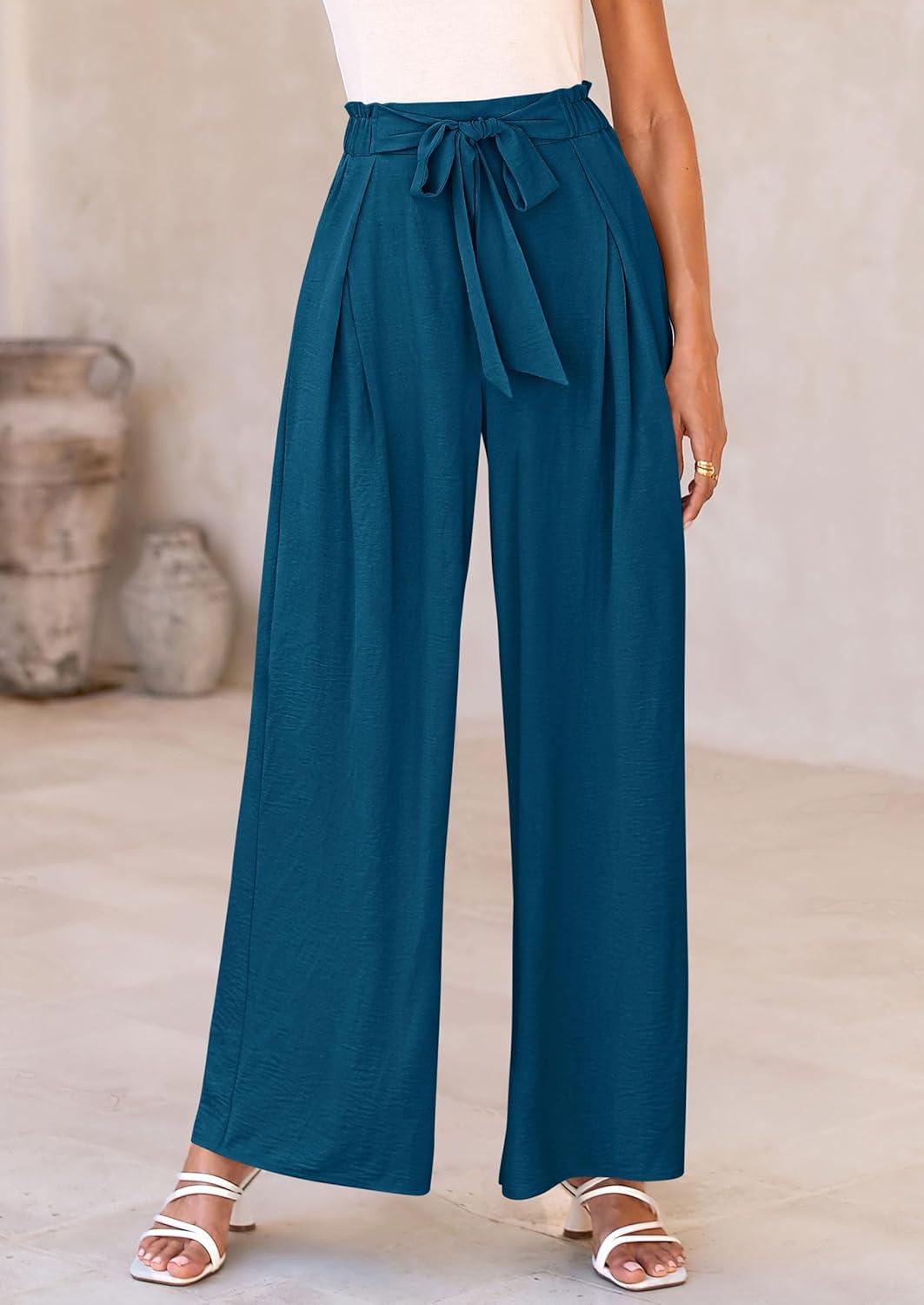 imagePRETTYGARDEN Womens Wide Leg Work Pants Business Casual High Waisted Loose Palazzo Trouser Summer ClothesDark Blue