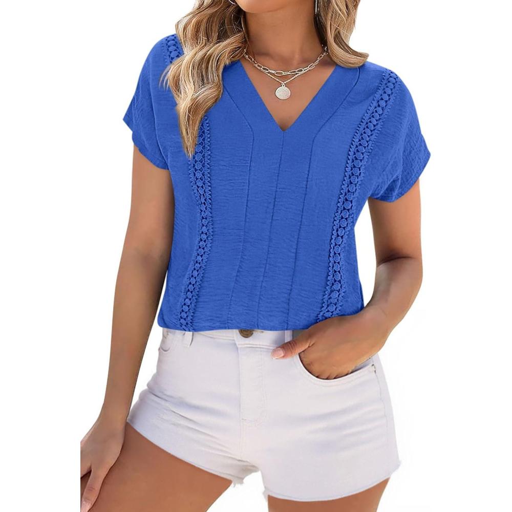imagePRETTYGARDEN Blouses for Women Dressy Casual Spring 2026 Cap Sleeve V Neck Lace Trim Boho Tops Work Shirts Summer ClothesBlue