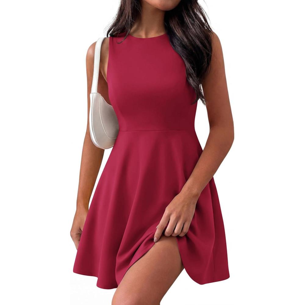 imagePRETTYGARDEN Cocktail Dresses for Women Summer 2026 Elegant Classy Spring A Line Sleeveless Mini Short Party Dress PocketsBurgundy