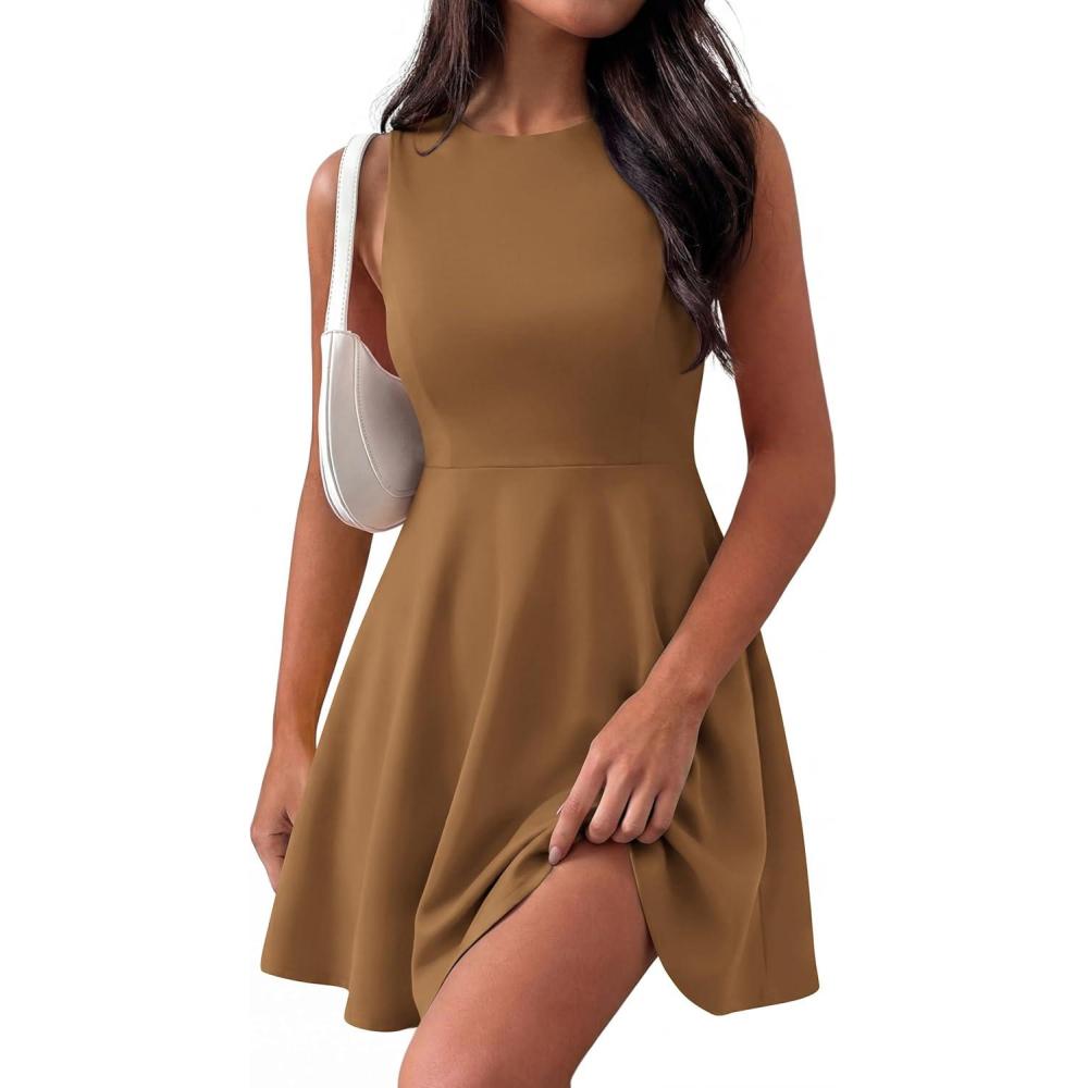 imagePRETTYGARDEN Cocktail Dresses for Women Summer 2026 Elegant Classy Spring A Line Sleeveless Mini Short Party Dress PocketsKhaki