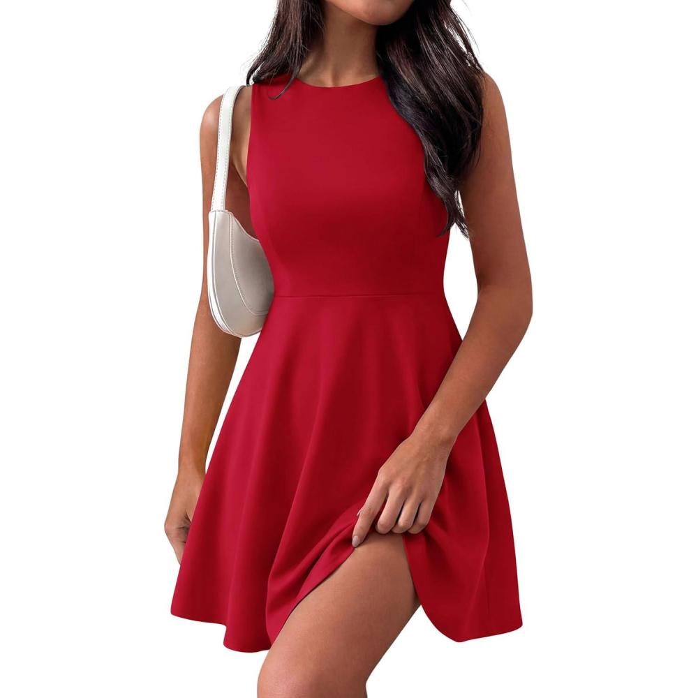 imagePRETTYGARDEN Cocktail Dresses for Women Summer 2026 Elegant Classy Spring A Line Sleeveless Mini Short Party Dress PocketsRed