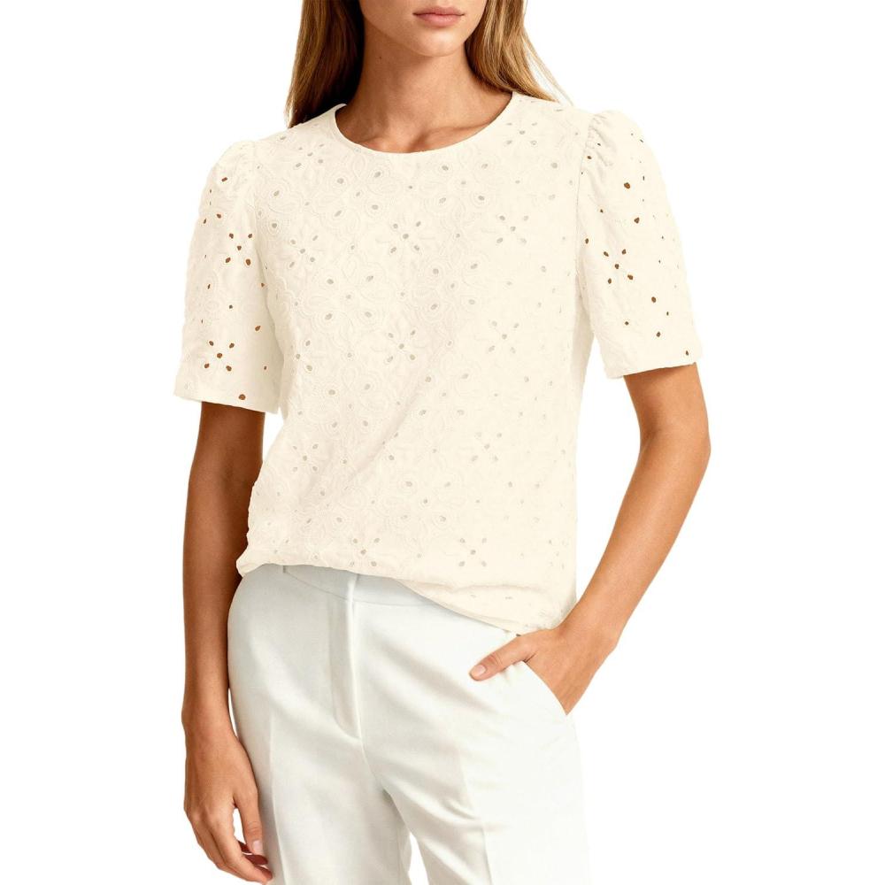 imagePRETTYGARDEN Embroidered Eyelet Tops for Women Summer Blouses Dressy Casual 2026 Spring Work Teacher Puff Short Sleeve ShirtsApricot