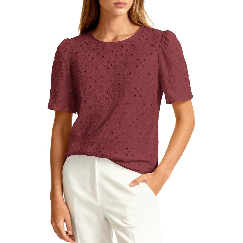 imagePRETTYGARDEN Embroidered Eyelet Tops for Women Summer Blouses Dressy Casual 2026 Spring Work Teacher Puff Short Sleeve ShirtsBrown Red