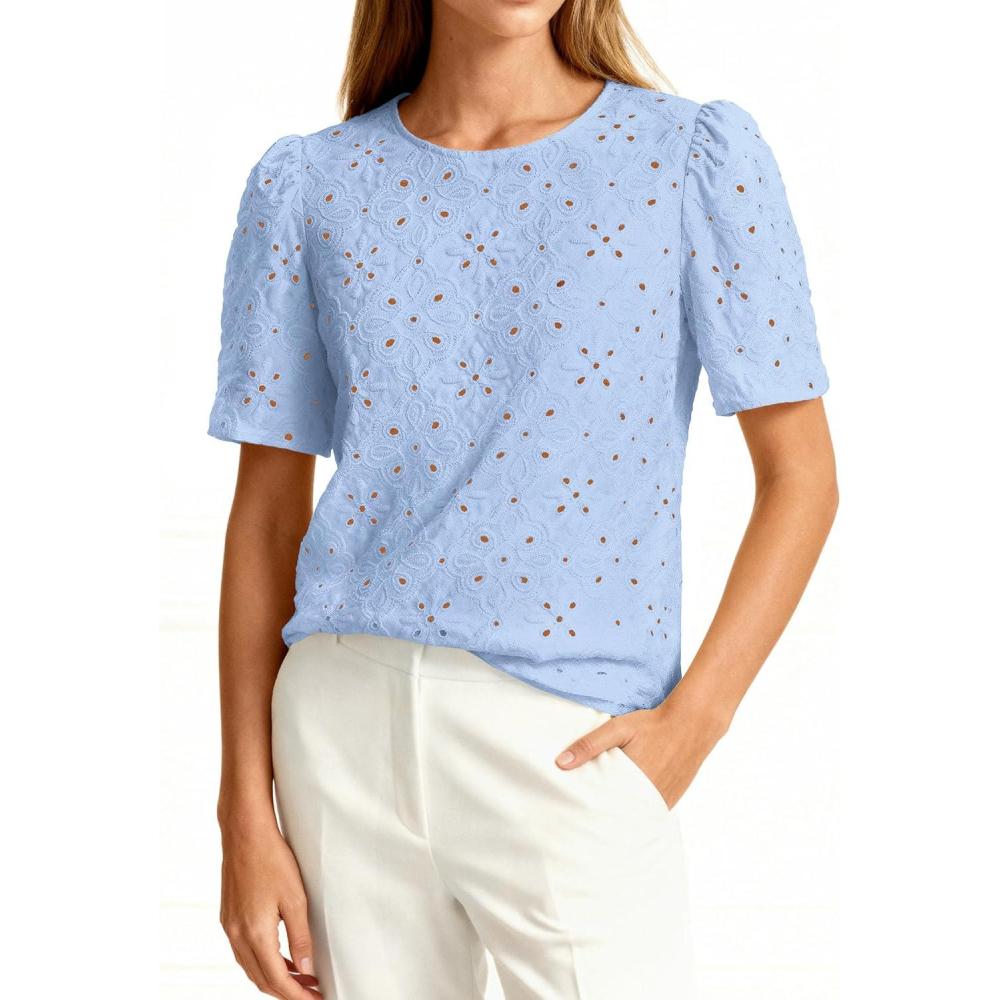 imagePRETTYGARDEN Embroidered Eyelet Tops for Women Summer Blouses Dressy Casual 2026 Spring Work Teacher Puff Short Sleeve ShirtsLight Blue