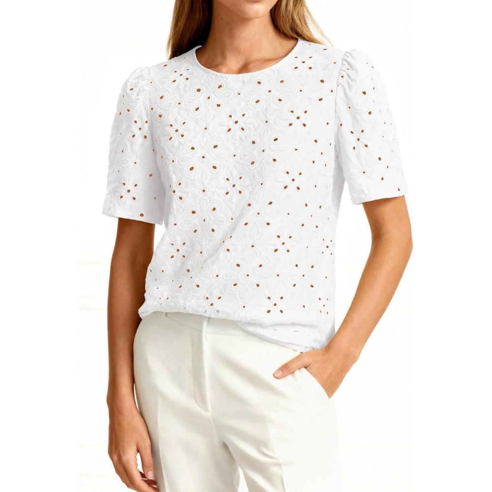 imagePRETTYGARDEN Embroidered Eyelet Tops for Women Summer Blouses Dressy Casual 2026 Spring Work Teacher Puff Short Sleeve ShirtsWhite