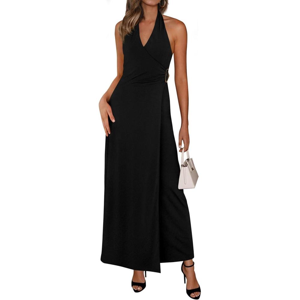 imagePRETTYGARDEN Halter Dresses for Women 2026 Elegant Classy Spring V Neck Tie Backless Summer Wedding Guest Cocktail Midi DressBlack