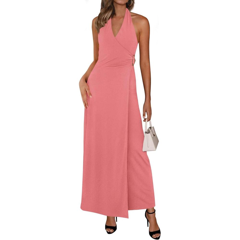 imagePRETTYGARDEN Halter Dresses for Women 2026 Elegant Classy Spring V Neck Tie Backless Summer Wedding Guest Cocktail Midi DressPink
