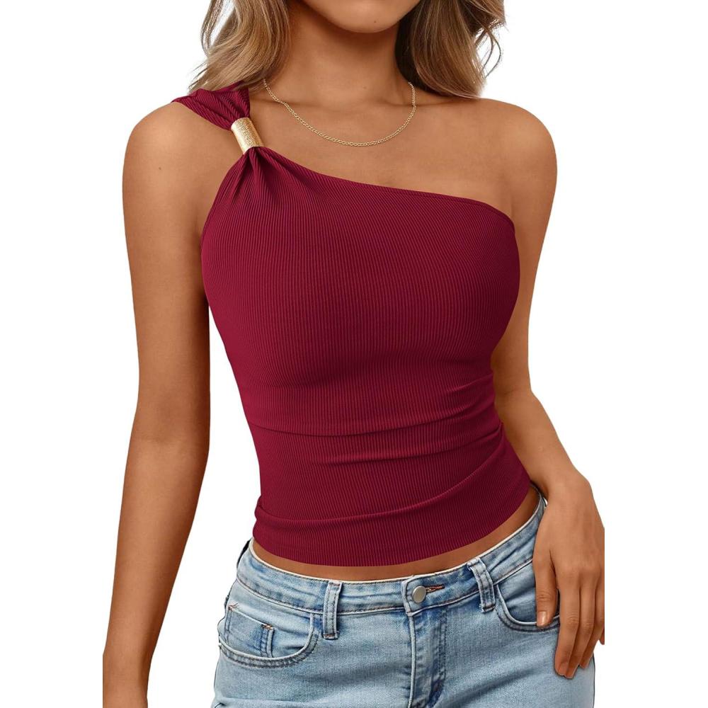 imagePRETTYGARDEN One Shoulder Going Out Tops for Women Trendy 2026 Summer Y2K Clothes Sleeveless Fitted Spring Fashion ShirtsBurgundy