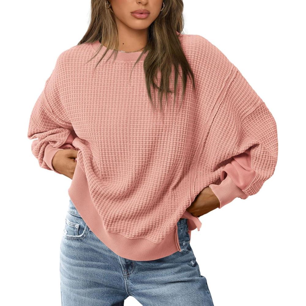 imagePRETTYGARDEN Oversized Sweatshirt for Women 2025 Fashion Crewneck Long Sleeve Pullover Waffle Knit Tops Fall Trendy ClothesCoral Pink