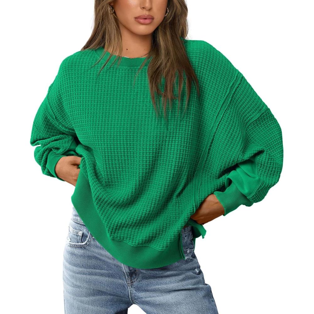 imagePRETTYGARDEN Oversized Sweatshirt for Women 2025 Fashion Crewneck Long Sleeve Pullover Waffle Knit Tops Fall Trendy ClothesGreen
