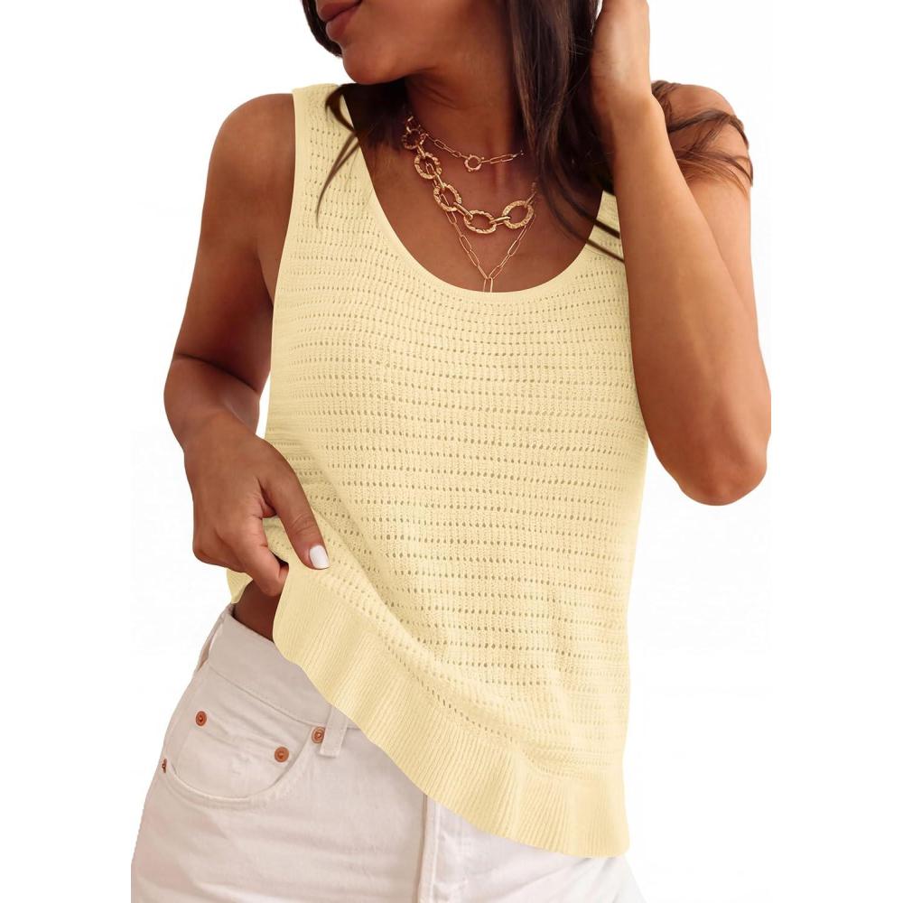 imagePRETTYGARDEN Sleeveless Sweater Tops for Women 2026 Spring Boho Tank Top Summer Crochet Scoop Neck Beach Vacation ClothesLight Apricot