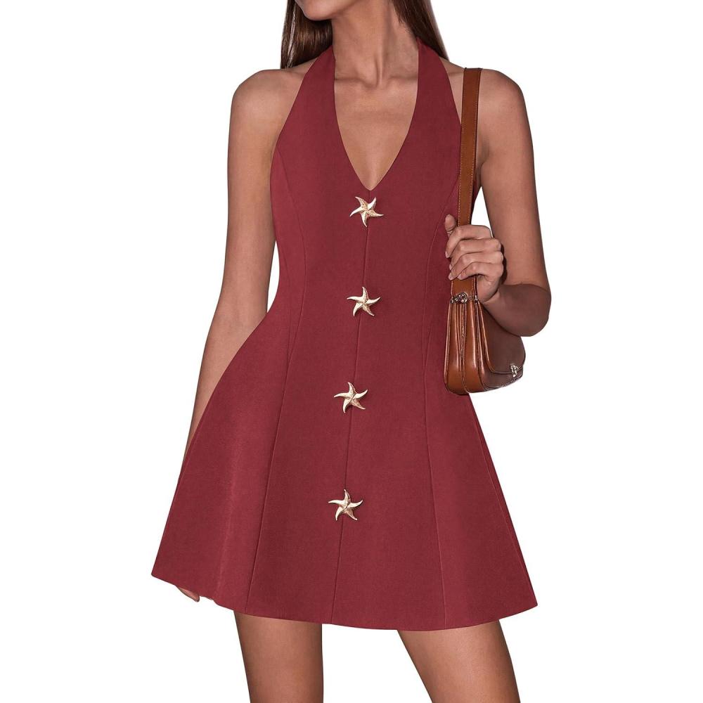 imagePRETTYGARDEN Summer Cocktail Dresses for Women Short 2026 Spring Halter V Neck Beach Party Backless A Line Mini DressBurgundy