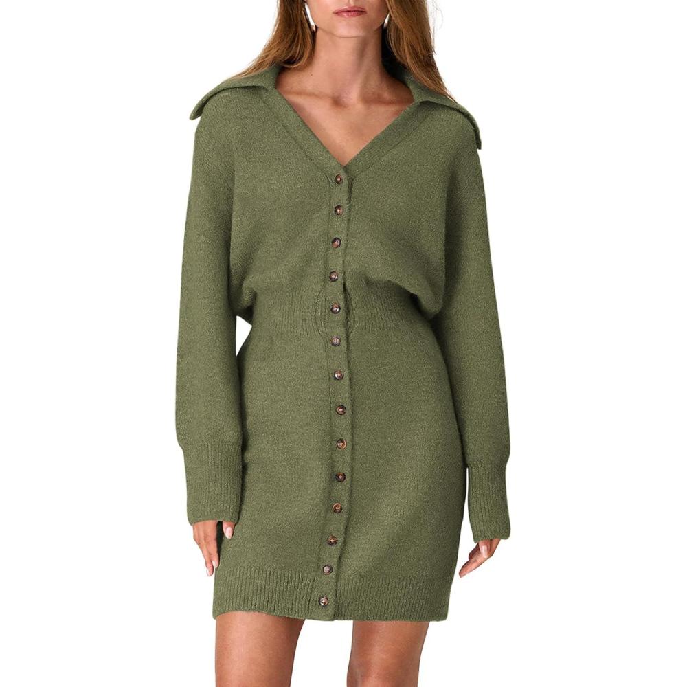 imagePRETTYGARDEN Sweater Dresses for Women 2026 Trendy Long Sleeve Button Down Short Mini Fall Winter DressArmy Green