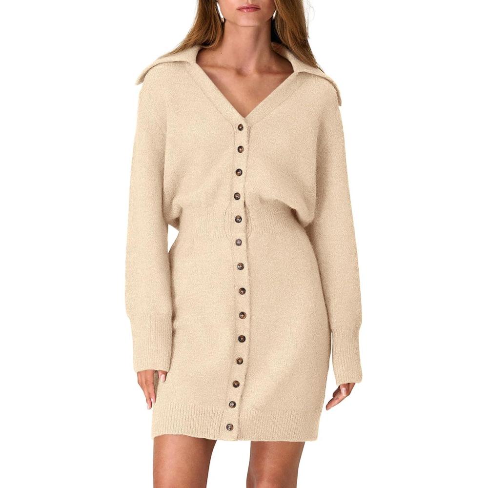 imagePRETTYGARDEN Sweater Dresses for Women 2026 Trendy Long Sleeve Button Down Short Mini Fall Winter DressBeige