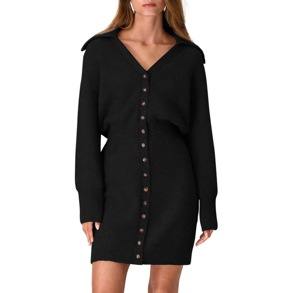 imagePRETTYGARDEN Sweater Dresses for Women 2026 Trendy Long Sleeve Button Down Short Mini Fall Winter DressBlack