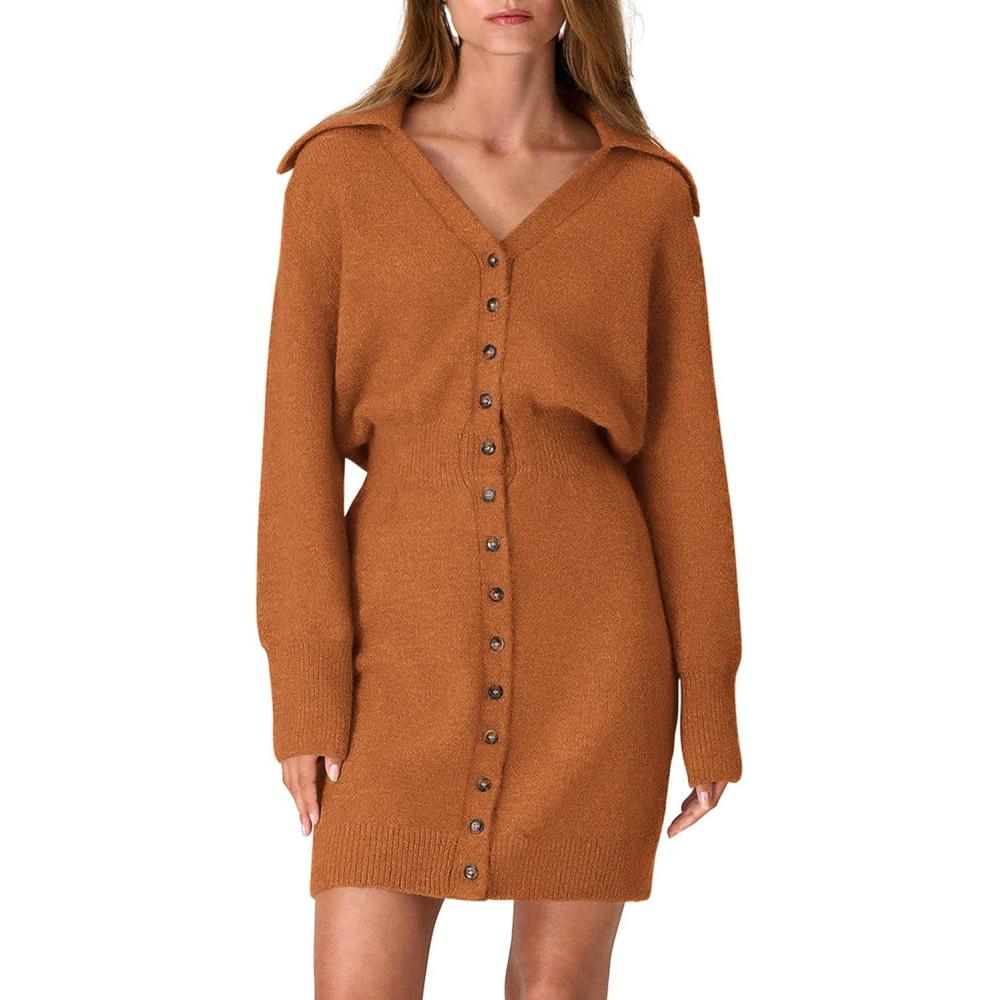 imagePRETTYGARDEN Sweater Dresses for Women 2026 Trendy Long Sleeve Button Down Short Mini Fall Winter DressBrick Red