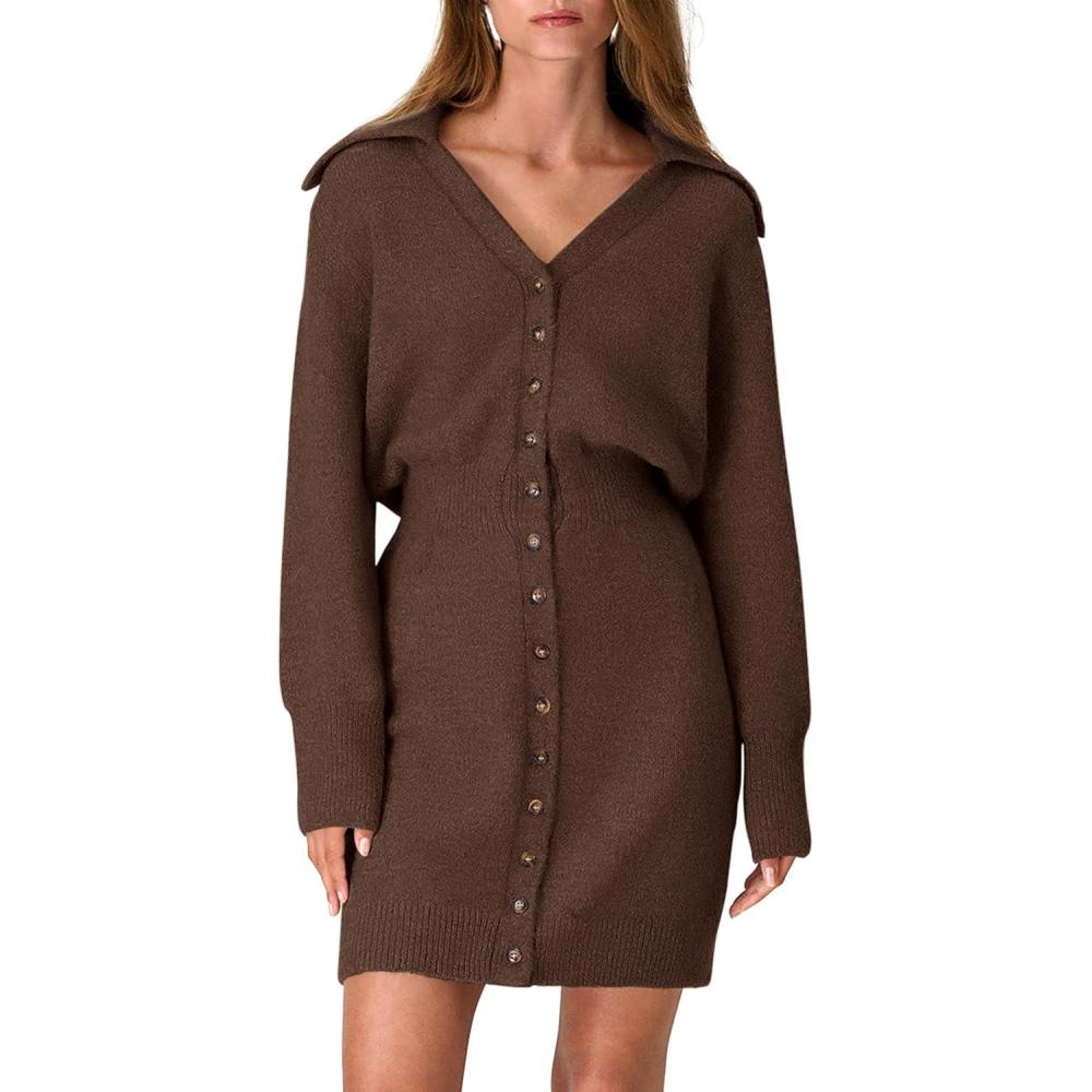 imagePRETTYGARDEN Sweater Dresses for Women 2026 Trendy Long Sleeve Button Down Short Mini Fall Winter DressCoffee