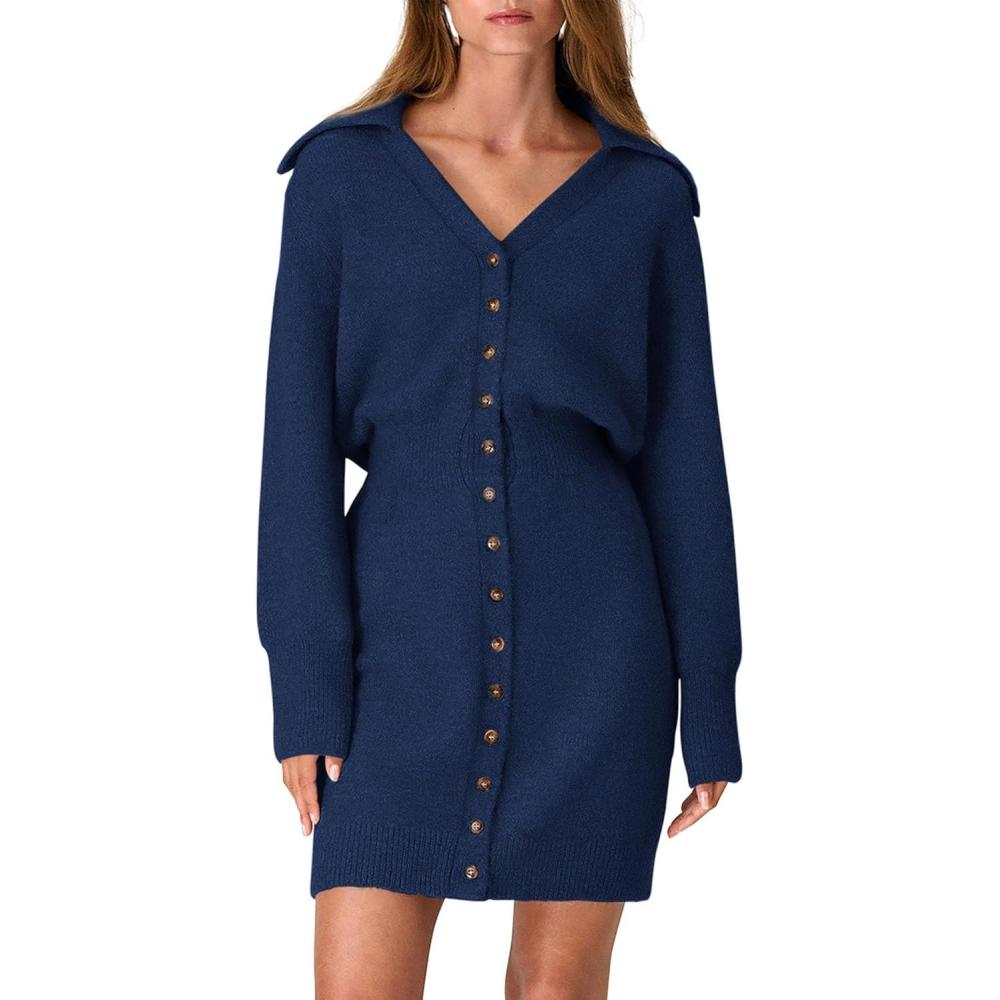 imagePRETTYGARDEN Sweater Dresses for Women 2026 Trendy Long Sleeve Button Down Short Mini Fall Winter DressNavy