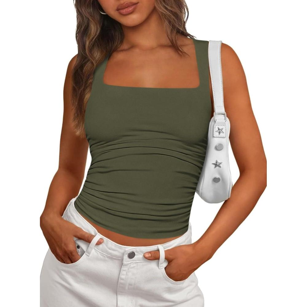 imagePRETTYGARDEN Tank Tops for Women 2026 Summer Sleeveless Square Neck Double Lined Tops Spring Ruched Going Out Y2K ClothesArmy Green