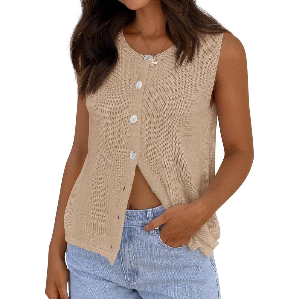imagePRETTYGARDEN Vest Tops for Women 2026 Summer Sleeveless Sweater Tops Spring Trendy Knit Vests Cute Button Up CardiganKhaki