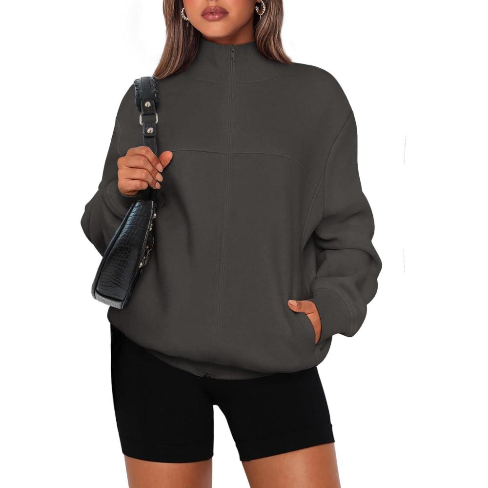 imagePRETTYGARDEN Womens 2025 Spring Fall Fashion Full Zip Up Sweatshirt Long Sleeve Loose Fit Trendy Casual Jacket with PocketsDark Grey