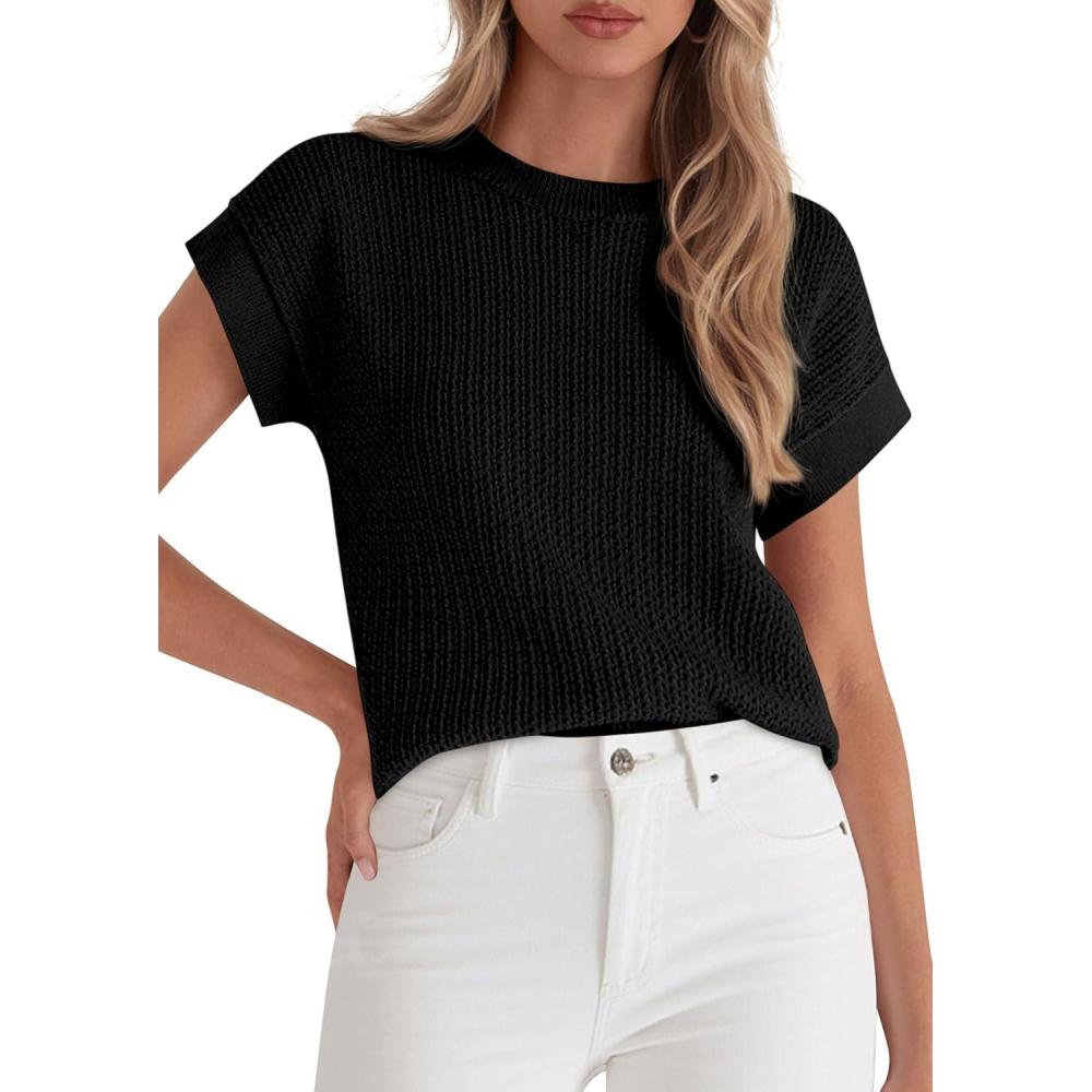 imagePRETTYGARDEN Womens 2026 Spring Fashion Sweater Vest Business Casual Crochet Tops Cap Sleeve Knit Shirt Beach Summer OutfitsBlack