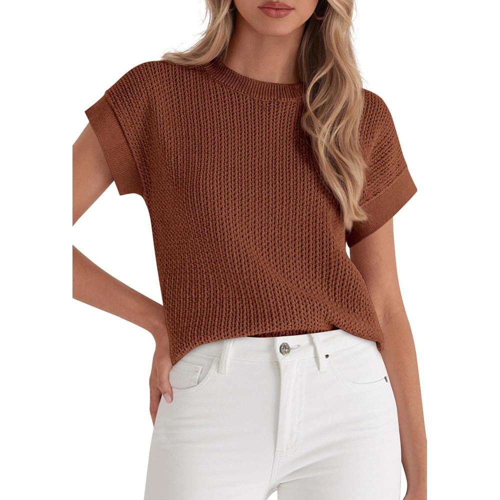 imagePRETTYGARDEN Womens 2026 Spring Fashion Sweater Vest Business Casual Crochet Tops Cap Sleeve Knit Shirt Beach Summer OutfitsBrown