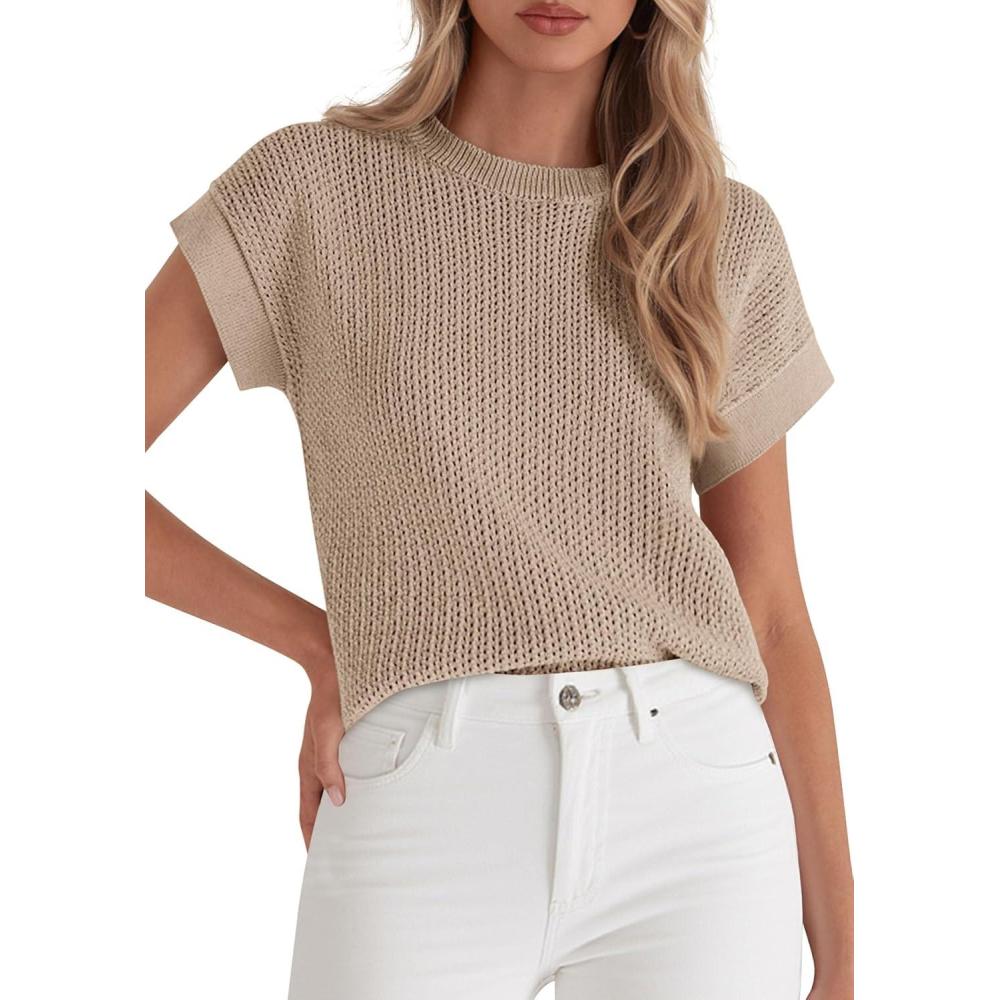 imagePRETTYGARDEN Womens 2026 Spring Fashion Sweater Vest Business Casual Crochet Tops Cap Sleeve Knit Shirt Beach Summer OutfitsKhaki
