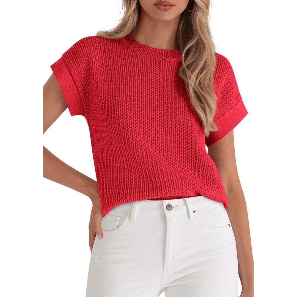 imagePRETTYGARDEN Womens 2026 Spring Fashion Sweater Vest Business Casual Crochet Tops Cap Sleeve Knit Shirt Beach Summer OutfitsRed