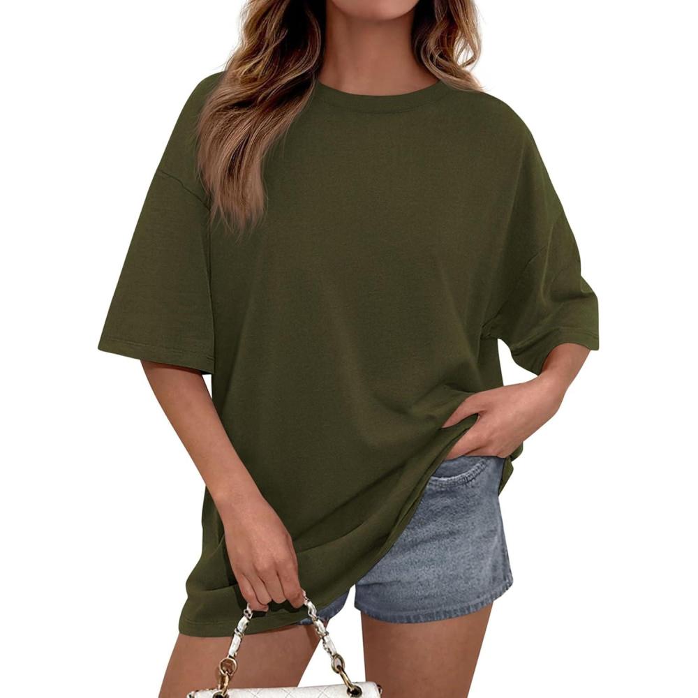 imagePRETTYGARDEN Womens 2026 Spring Going Out Tops Casual Short Sleeve Crewneck Loose Fit Basic Oversized T Shirts Summer OutfitsArmy Green
