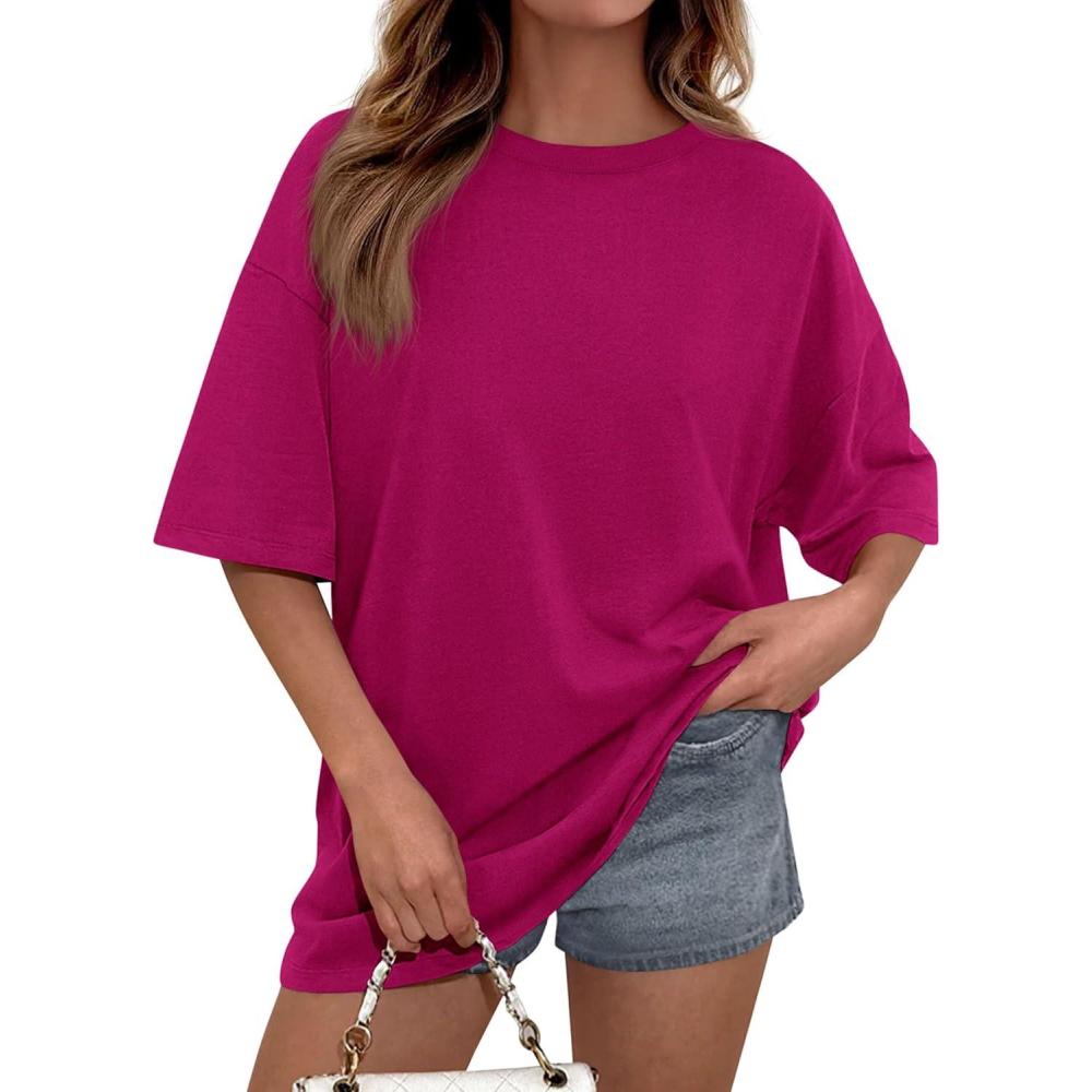 imagePRETTYGARDEN Womens 2026 Spring Going Out Tops Casual Short Sleeve Crewneck Loose Fit Basic Oversized T Shirts Summer OutfitsRose Red