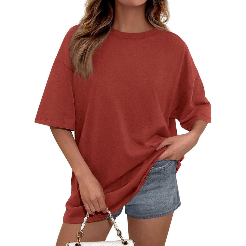 imagePRETTYGARDEN Womens 2026 Spring Going Out Tops Casual Short Sleeve Crewneck Loose Fit Basic Oversized T Shirts Summer OutfitsRust Red