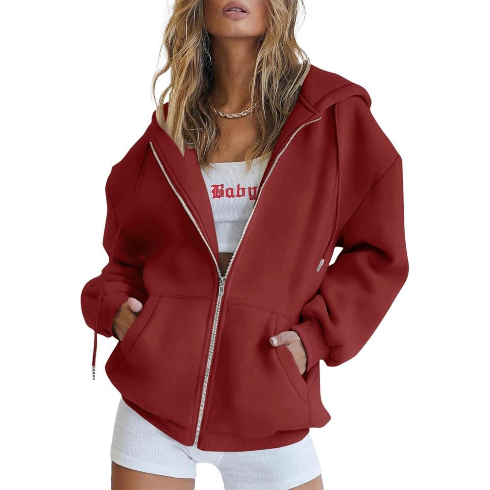 imagePRETTYGARDEN Womens 2026 Zip Up Y2K Hoodies Casual Long Sleeve Sweatshirts Fall Spring Track Jackets with PocketsBrown Red